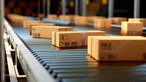Cardboard boxes and packages move on an autonomous conveyor belt. Generative AI © REC Stock Footage