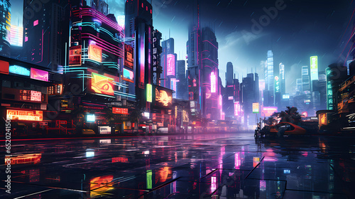 Cyberpunk Retro Futuristic City with Neon Lights © Voysla