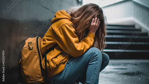 A depressed teenage girl sitting in school corridor and crying. Generative AI