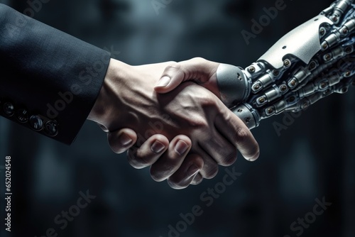 Businessman shaking robot hand.