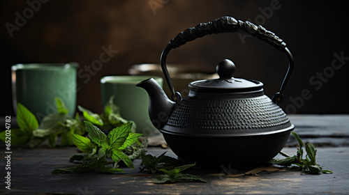 Black iron Asian teapot with springs of mint_ or tea