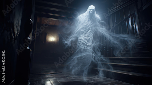 Floating glowing ghost in a dark spooky interior 