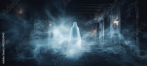 Floating glowing ghost in a dark spooky interior 