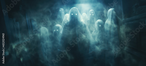 Floating glowing ghost in a dark spooky interior  photo