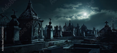 Graveyard of tombs under a full moon in moody lighting 