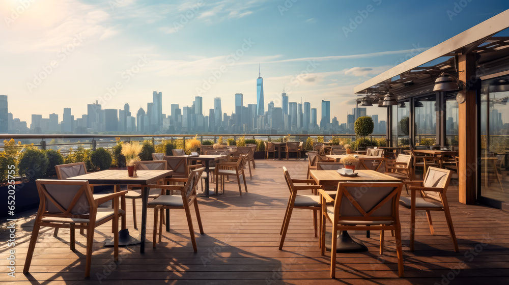 Empty cafe terrace with panoramic view of city skyline at sunset - obrazy, fototapety, plakaty 