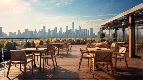 Empty cafe terrace with panoramic view of city skyline at sunset photo