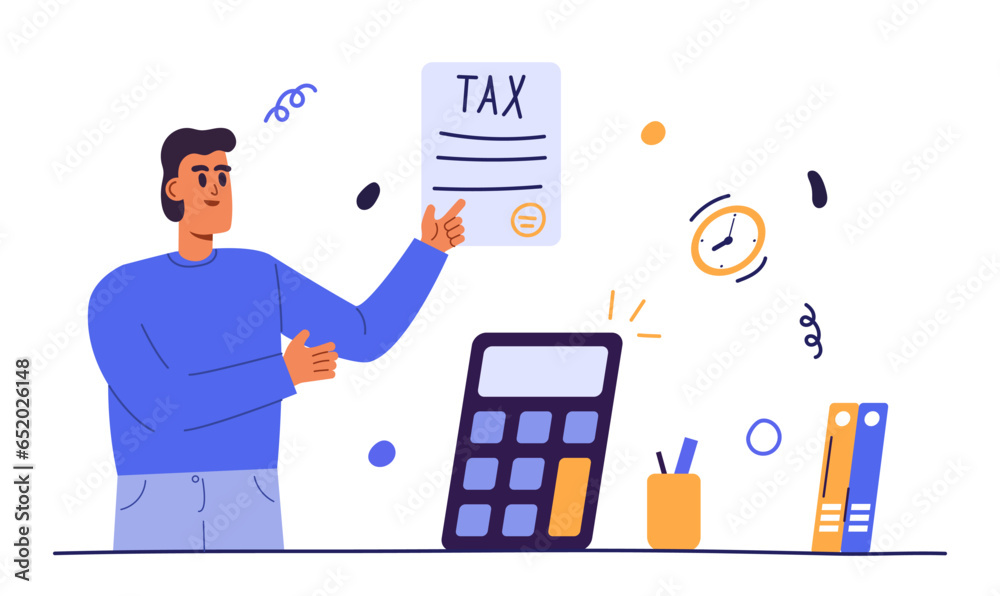 Tax calculation scene. Financial consultant or advisor calculating invoices and filling tax declaration for tax return. Taxation concept. Vector illustration Tax calculation scene. Financial consultant or advisor calculating invoices and filling tax declaration for tax return. Taxation concept. Vector illustration