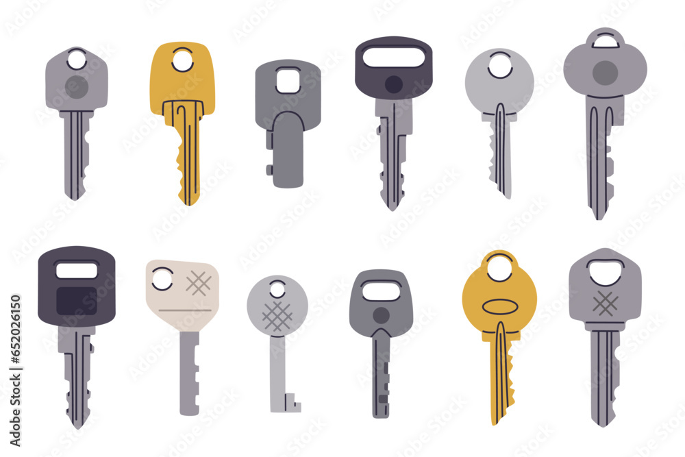 Door keys. Hand drawn modern and retro key, home, apartment or mail box keys. Metal and plastic keys flat cartoon vector illustration set