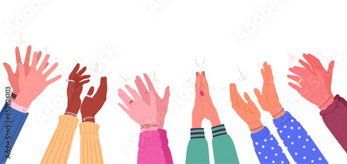 Cartoon applauding human hands. Clapping human hands, males and females clap hands. Ovation or greeting gesture, applauding hands flat vector illustration set