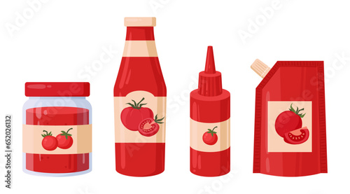 Cartoon tomato ketchup. Tomato food ingredient, red vegetable sauce jar and bottles flat vector illustration set. Tomato ingredient packages