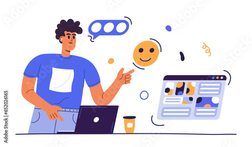 Content maker. Creative vlog content. Trendy character. Man create content for social media. Vector illustration