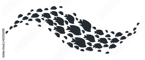 Tropical fish shoal. Cartoon exotic underwater fish swimming group, fish shoal silhouettes. Coral reef fauna shoal flat vector illustration