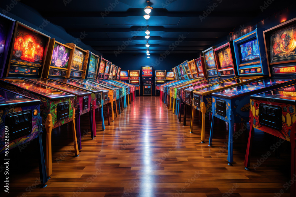 A vintage arcade filled with pinball machines, bringing nostalgia to a new generation. Generative Ai.