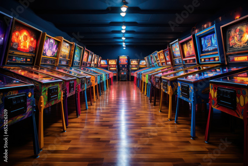 A vintage arcade filled with pinball machines, bringing nostalgia to a new generation. Generative Ai. © Sebastian