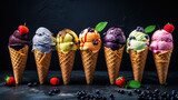 Ice cream scoops in waffle cones with berries and fruits on black background