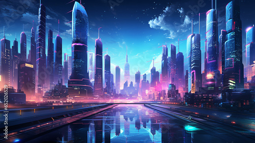 Cityscape set in a futuristic cyberpunk world
