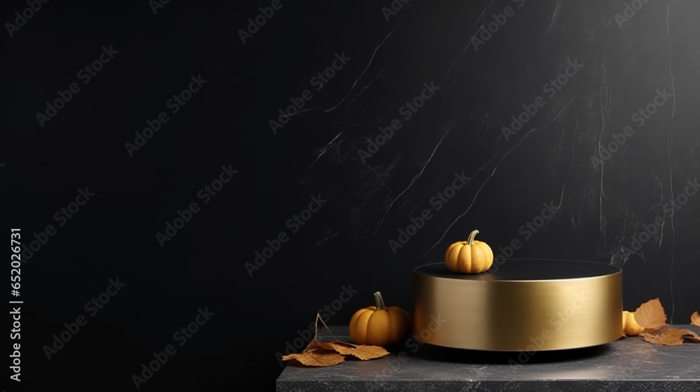 Thanksgiving Pumpkin Table Mockup Backdrop with Marble Black and Gold Counter Top Background. Pumpkins for Product Display. Luxurious Posh Autumn Winter Halloween Background Abstract 3D
