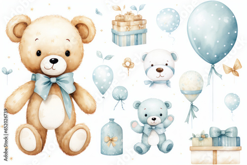 Watercolor illustration on a children's theme, a cute funny bear with gifts, flowers and balloons, pastel colors