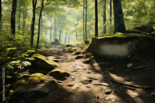 A forest trail adorned with positive affirmations, inviting hikers to reflect on mental well-being. Concept of nature\'s role in mental health. Generative Ai.