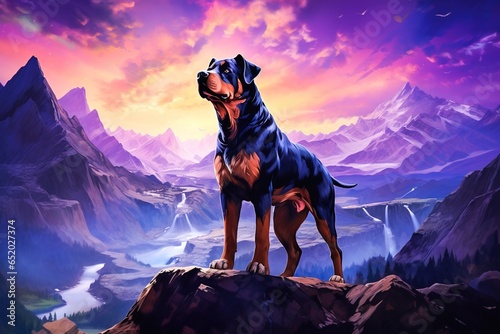 A Rottweiler dog standing proudly on a rocky cliff with majestic mountain backdrop, and distant peaks. Generative AI. © Tarunabh
