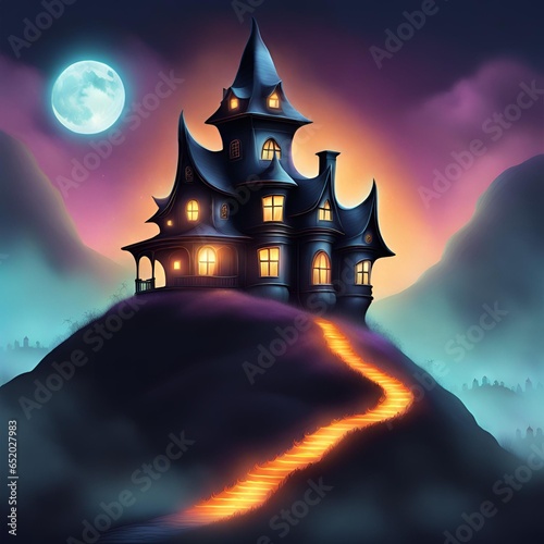 Halloween scene. Enchanted spooky house on top of a hill. Full moon, flying bats, pumpkins Jack o lantern. Halloween background. © SArt