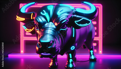 Neon electric colorful luminescent 3d rendered illustration of a bull wallpaper