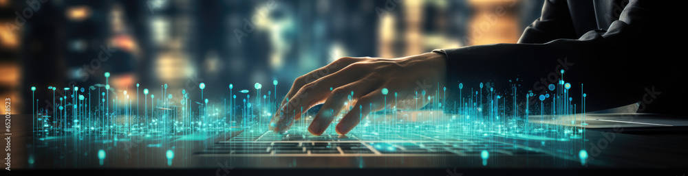 person typing on a digital screen in the city man with digital