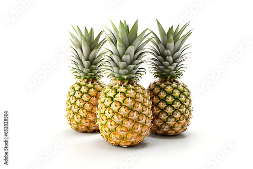 Three whole delicious ripe pineapples on white background closeup view.