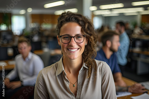 portrait of a woman smiling in a restaurant - curly hair and wearing glasses