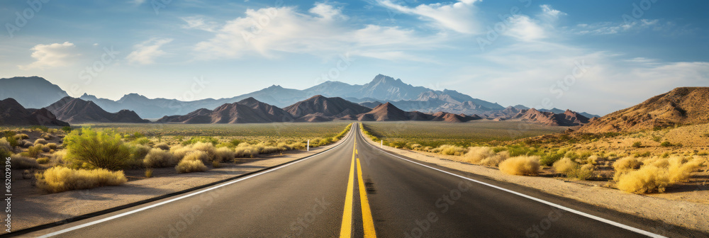 Long automobile road, highway along the mountains and desert, travel concept banner, traveling by car - obrazy, fototapety, plakaty 