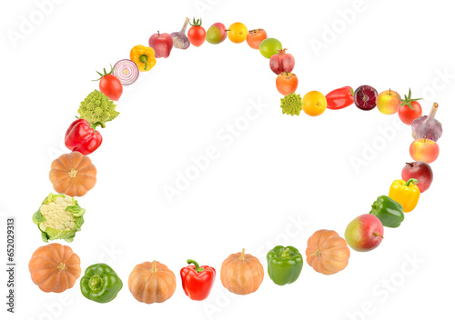 Variety of fruits and vegetables arranged in shape of heart isolated on white