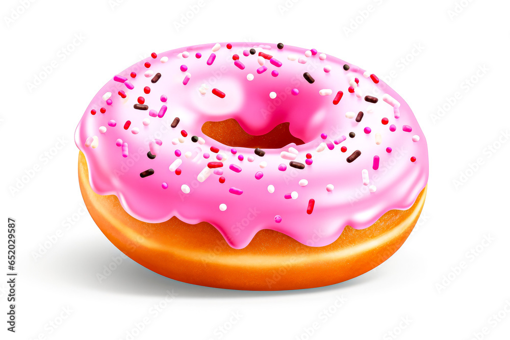 Donut with pink glaze and sprinkles isolated on white background Donut with pink glaze and sprinkles isolated on white background