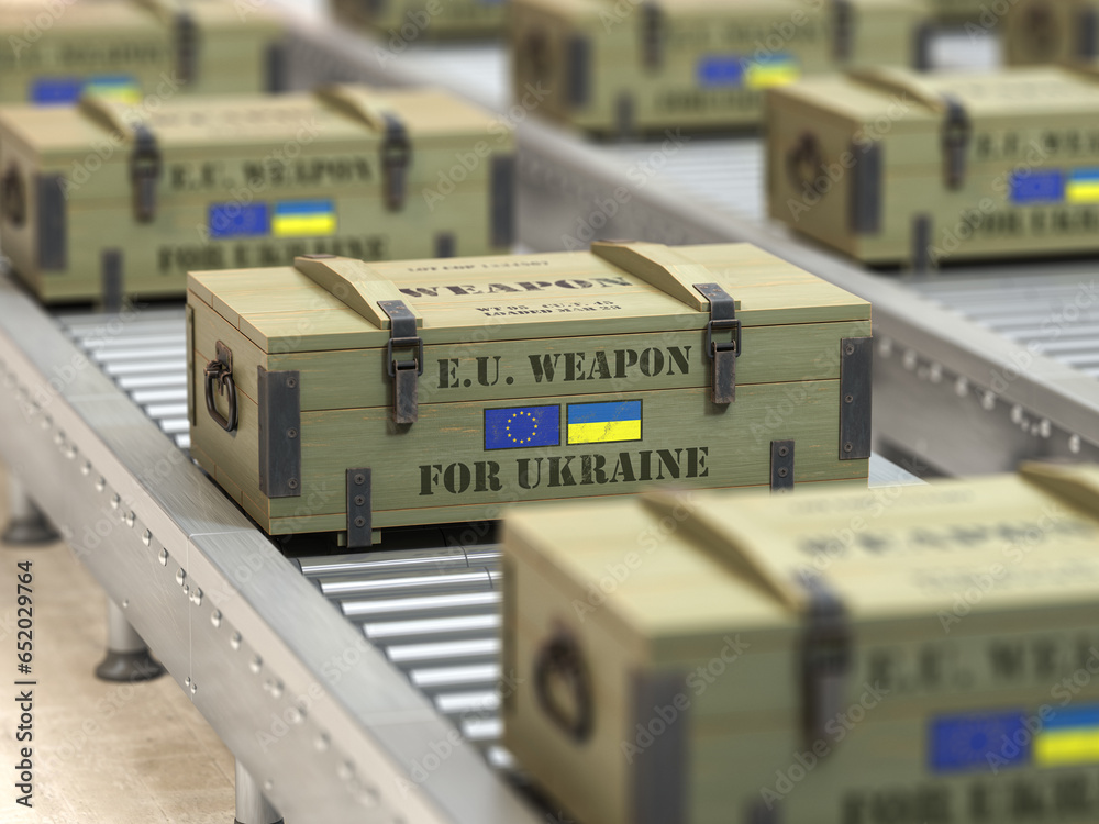 Military production, supply and delivery EU aeuropean weapon for Ukraine. Weapon box with flags of European Union and Ukraine on conveyor belt. - obrazy, fototapety, plakaty 