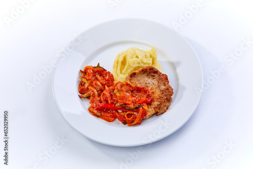 steak with mashed potato and vegetables