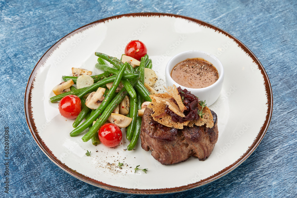 steak with grilled vegetables and sauce steak with grilled vegetables and sauce