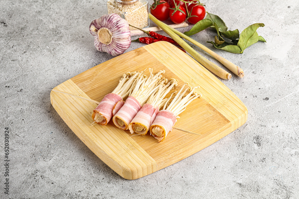 Raw Enoki mushroom with bacon Raw Enoki mushroom with bacon