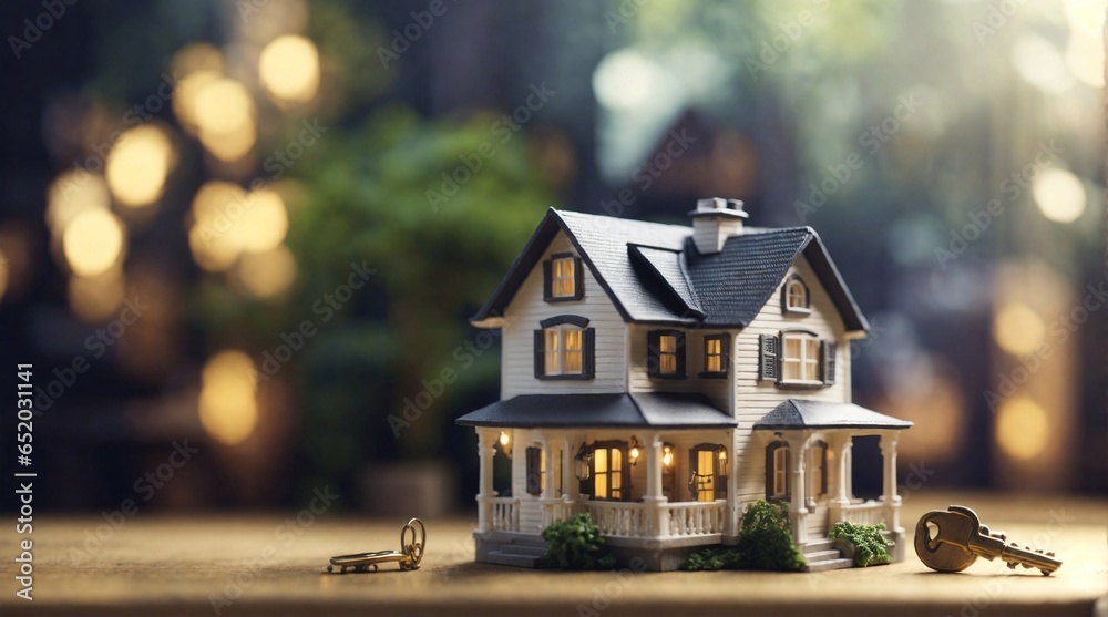 Miniature house and key. Concept for Mortgage, Rent or buy a house, real estate,investment,property concept , Sony Alpha 7S III, Simple , cinematic ,8K , gorgeous , detailed features , close up shot