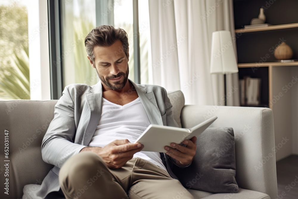 Beautiful Man Holding and Reading a Book while sitte on a Couch. White Shirt with Gray Jacket. Luxurious Interior Design. Beautiful Man Holding and Reading a Book while sitte on a Couch. White Shirt with Gray Jacket. Luxurious Interior Design.
