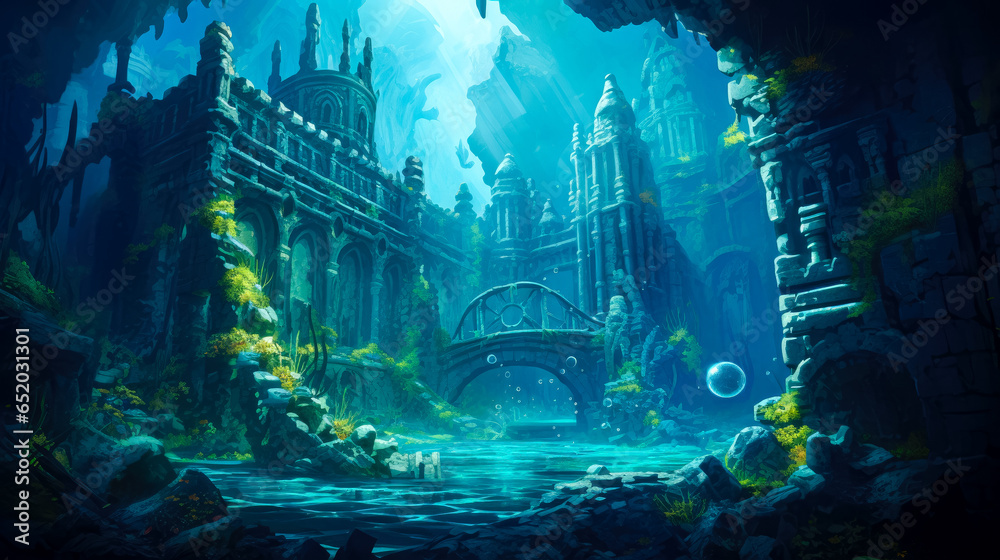 Obraz premium Fantasy landscape with temple and ocean.