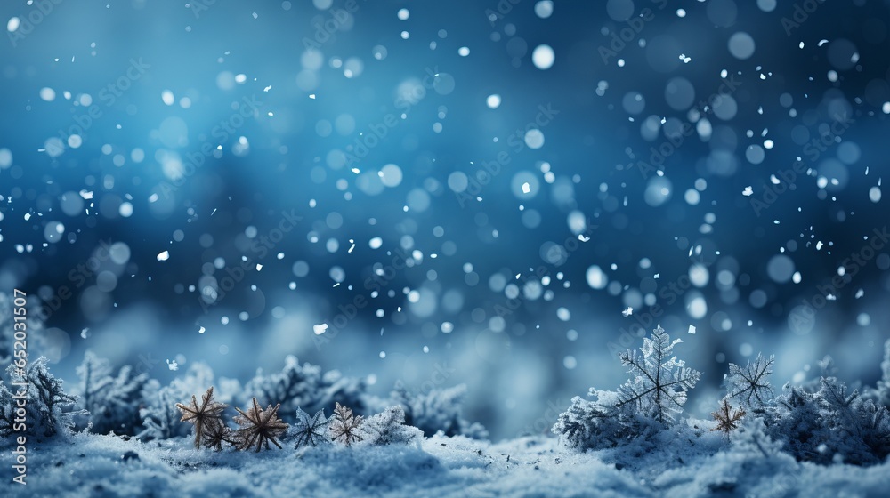 Winter background with snowflakes close-up and blue tint, snow-covered trees, free copy space, cold time, Concept: landscape splash screen Winter background with snowflakes close-up and blue tint, snow-covered trees, free copy space, cold time, Concept: landscape splash screen