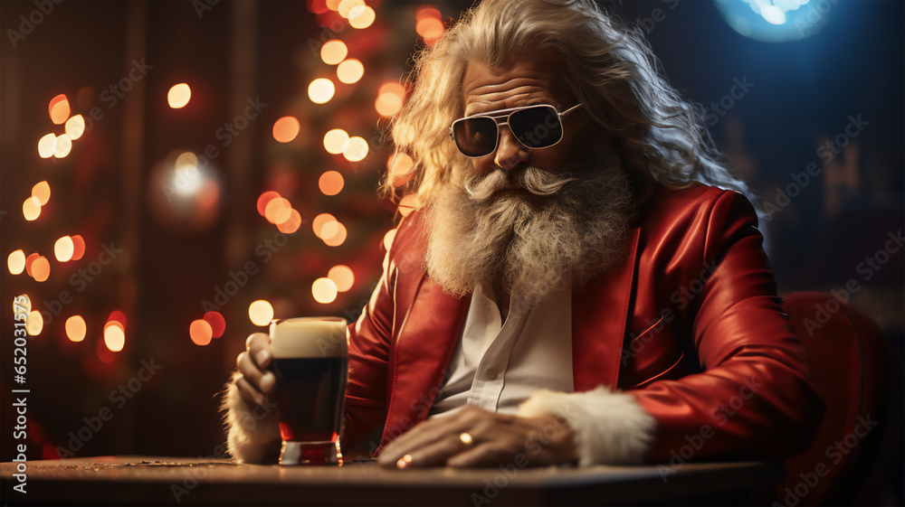 Santa and beer - obrazy, fototapety, plakaty 