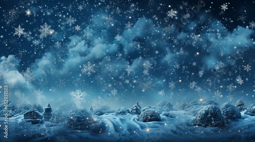 Winter background with snowflakes close-up and blue tint, snow-covered trees, free copy space, cold time, Concept: landscape splash screen