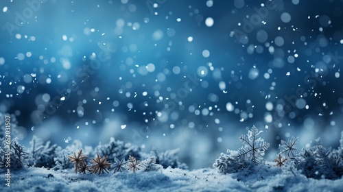 Winter background with snowflakes close-up and blue tint, snow-covered trees, free copy space, cold time, Concept: landscape splash screen © Marynkka_muis