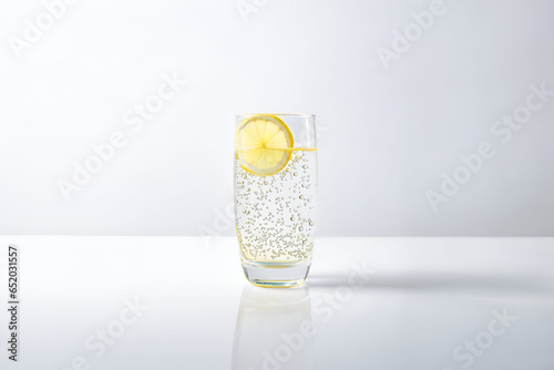 Mineral water with a slice of lemon in front of white blank isolated background. - Generative AI photo