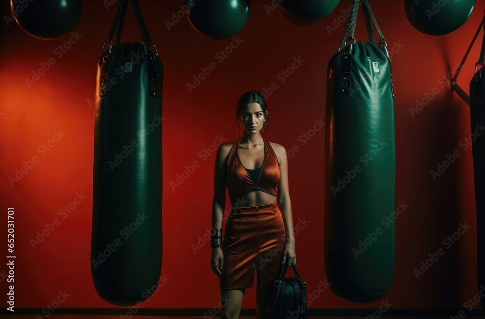 Young woman wearing orange boxing tights stands near equipment in gym.