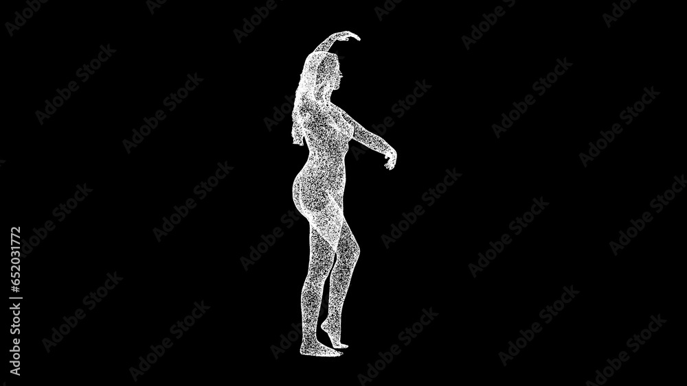 3D Ballerina on black background. Dance and ballet concept. Slim figure and fitness. Business advertising backdrop. For title, text, presentation. 3d animation.