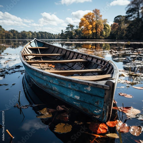 Tiny Wooden Boat in the Middle of the River.. Autumnal Season.