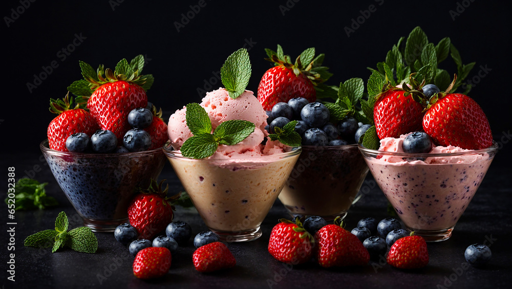 scoop of delicious ice cream, fresh strawberries. blueberries, mint leaves on a dark background scoop of delicious ice cream, fresh strawberries. blueberries, mint leaves on a dark background