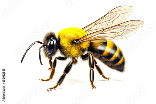 Bee isolated on white background. Close-up of a bee in flight.